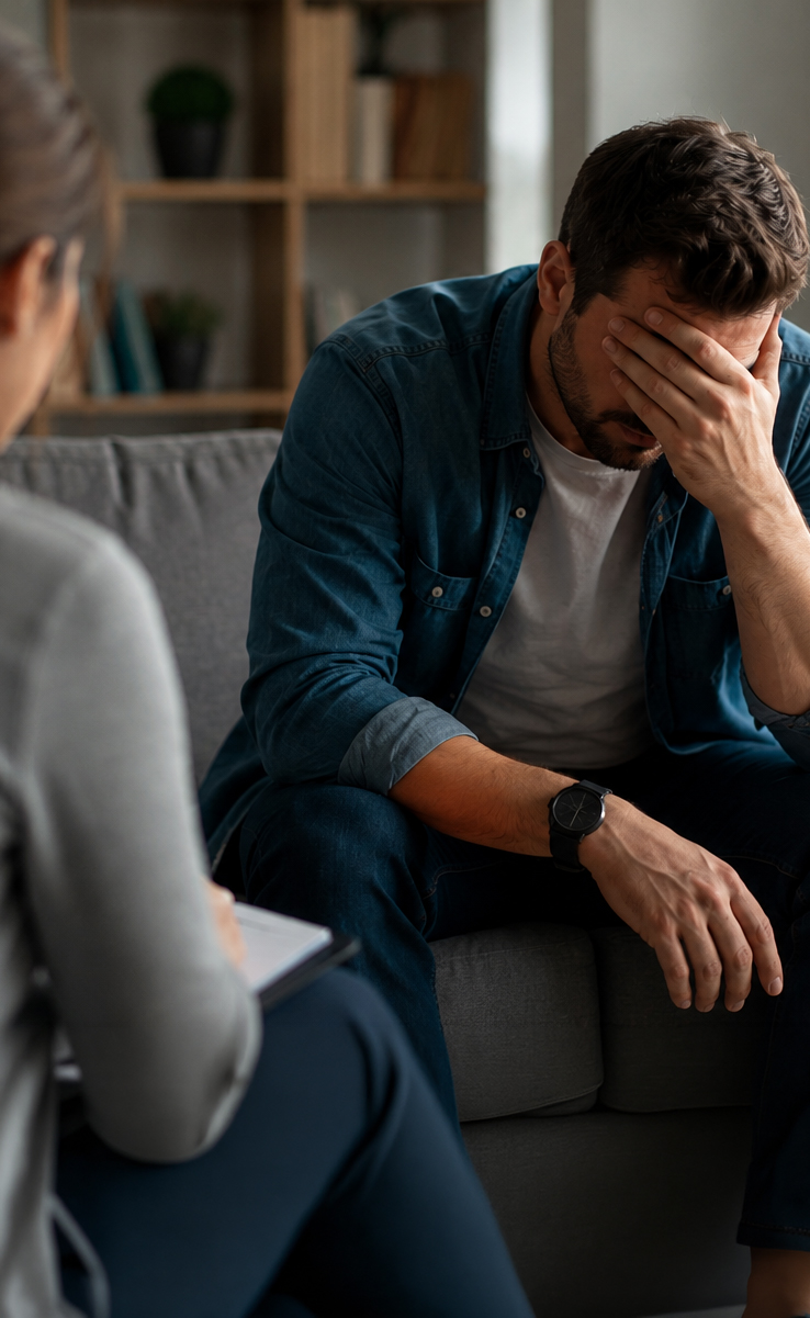 Belasteter Mitarbeiter im Gespräch mit psychologischer Beratung zur Unterstützung mentaler Gesundheit.