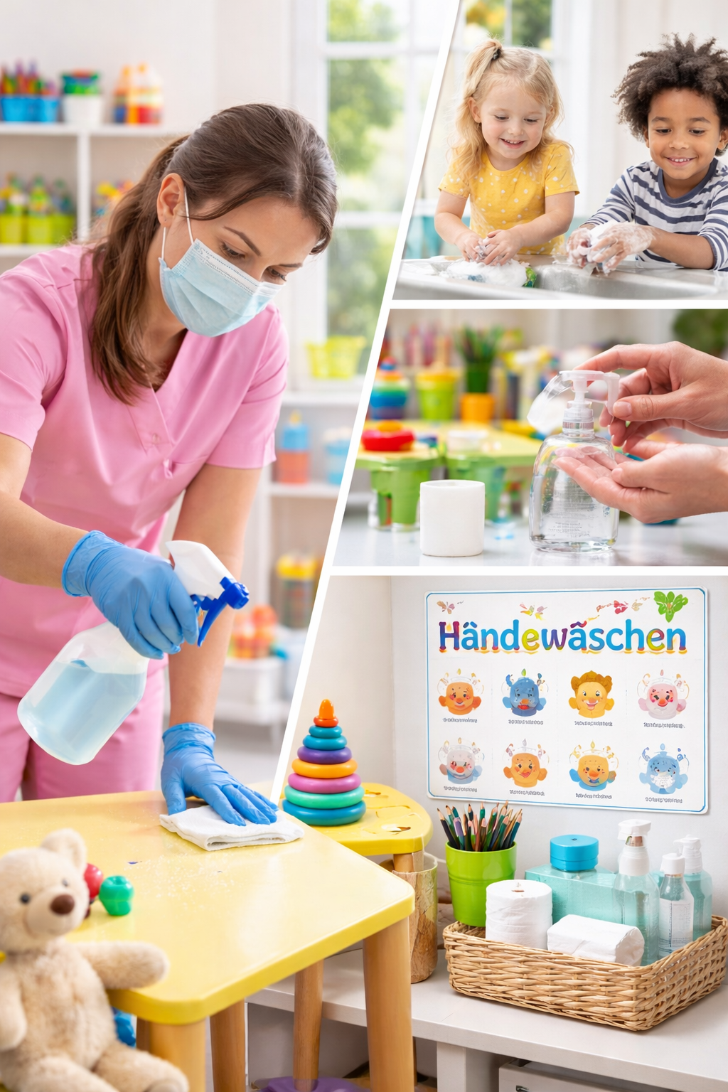 Regelmäßige Reinigung und Desinfektion von Arbeitsflächen zur Sicherstellung von Hygiene und Gesundheit in der Kita.